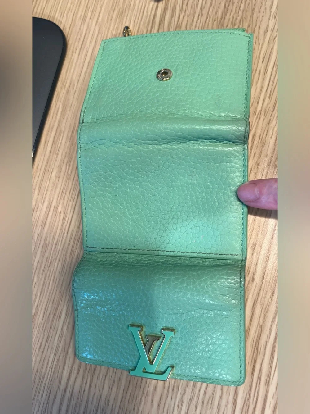Louis Vuitton Mint Green Pebbled Leather Compact Wallet with LV Hardware